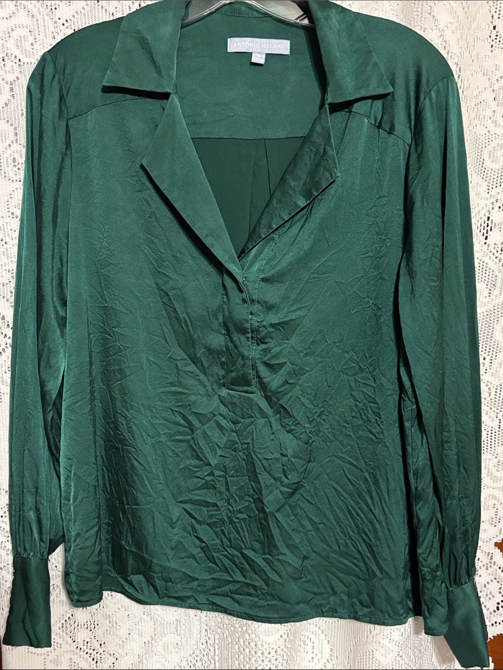 ANTONIO MELANI Deep Green SILK Long-Sleeve Button-Down Blouse size M